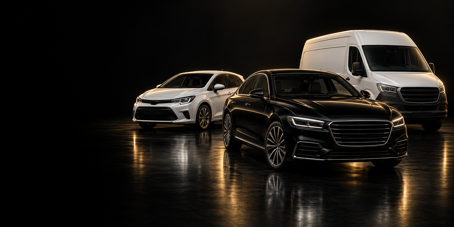 Illustrative Fahrzeugauswahl mit Limousine, Kleinwagen und Transporter im goldenen Studiolicht